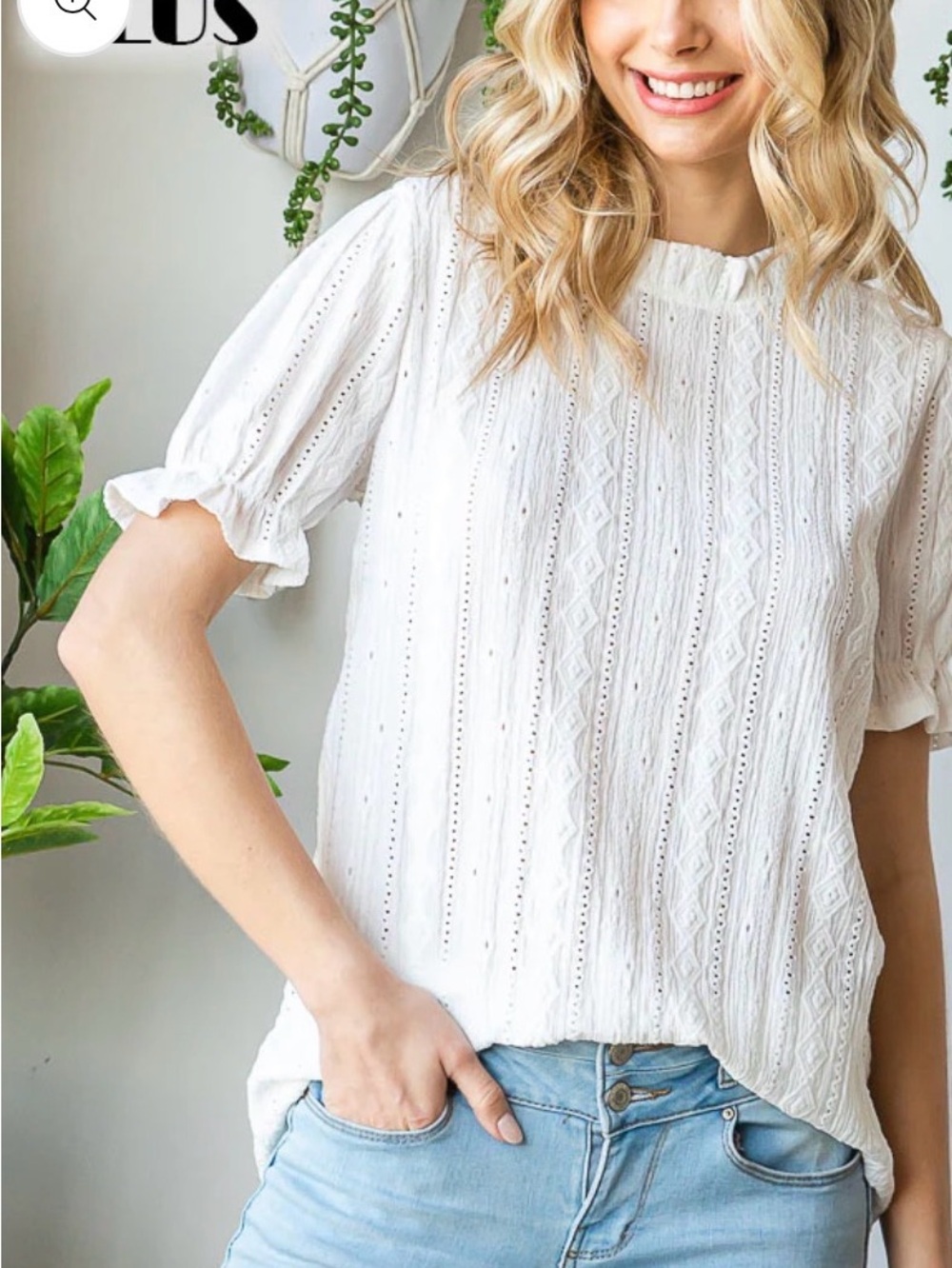 7th Ray Eyelet Lace Puff Sleeves Mock Neck Blouse